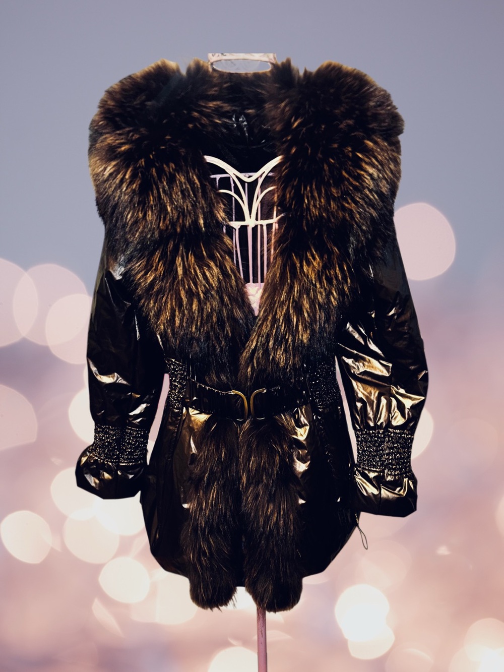 Authentic fur) vintage Ski Puffer Jacket with belt - Picture 4 of 9